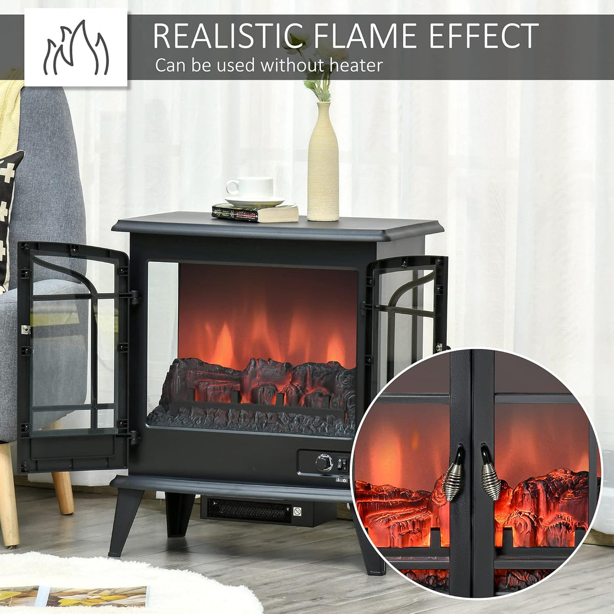 Black Freestanding Electric Fireplace Heater, 1400W W4755