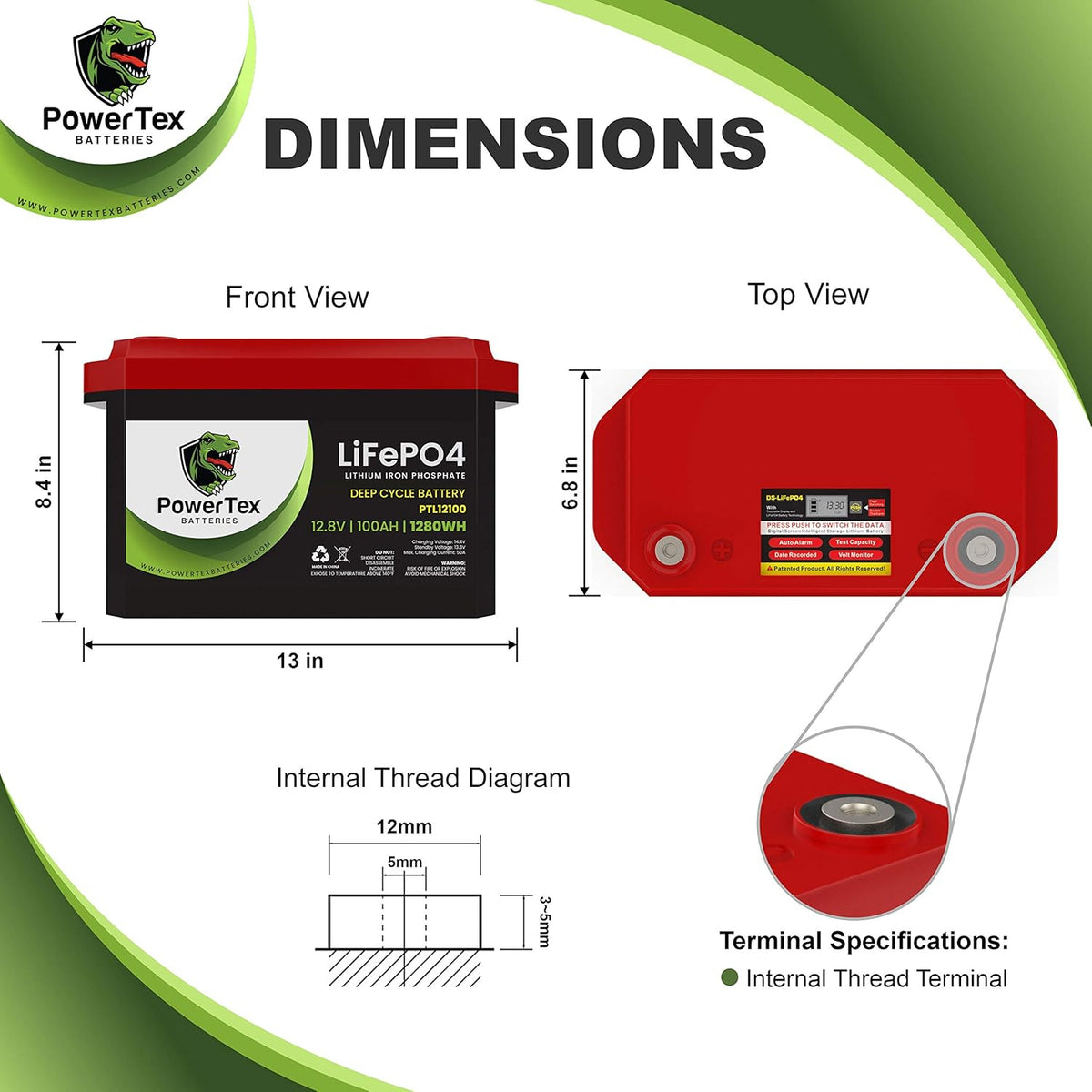 12V 100Ah 1224Wh LiFePO4 Deep Cycle Rechargeable Battery O84323