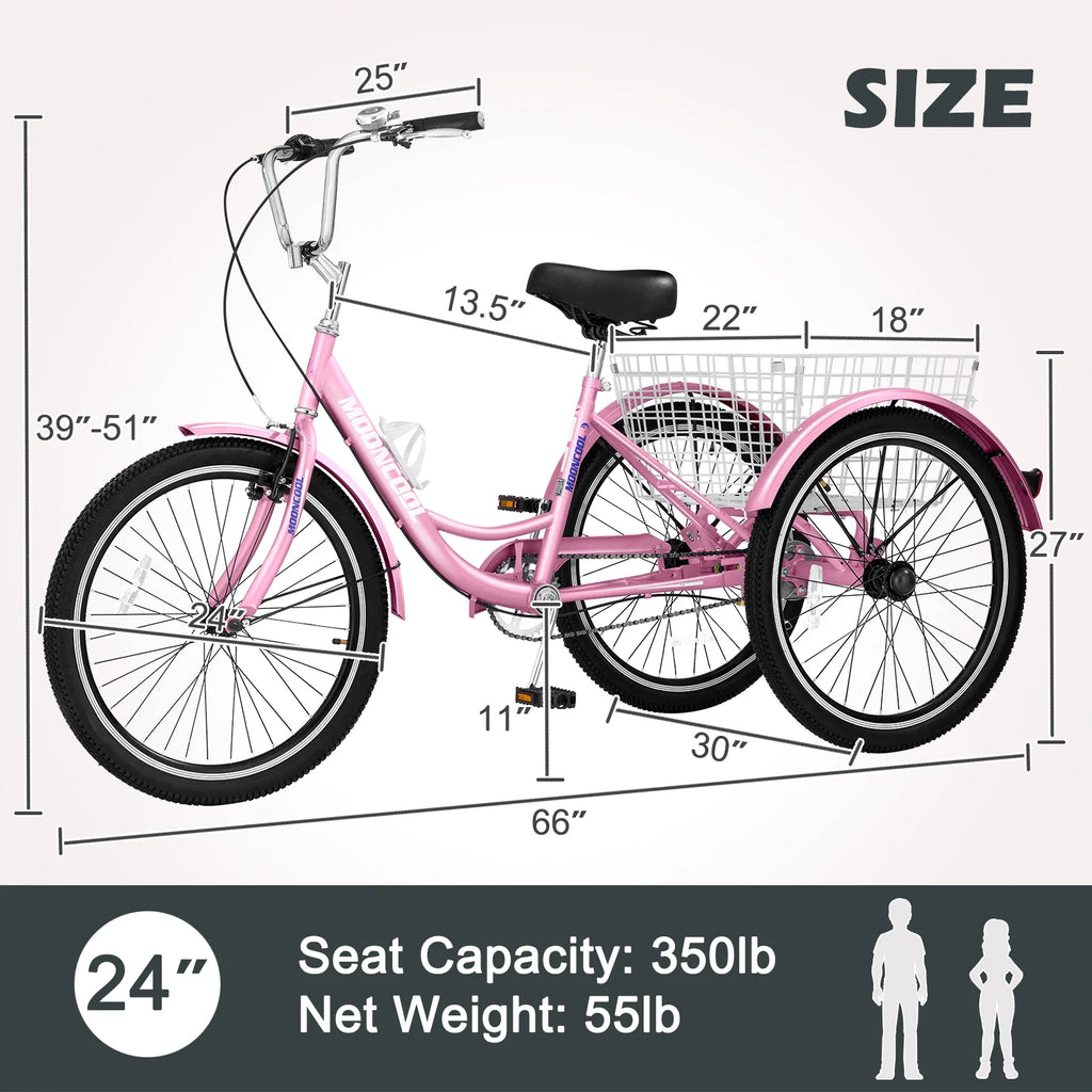 24 inch 3 Wheel Single Speed Adult Tricycle with Shopping Basket D308