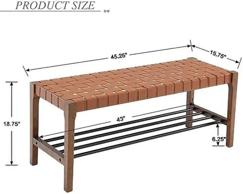 Brown 45 Inch Woven Wood Accent Bench with Metal Shoe Rack Q941245