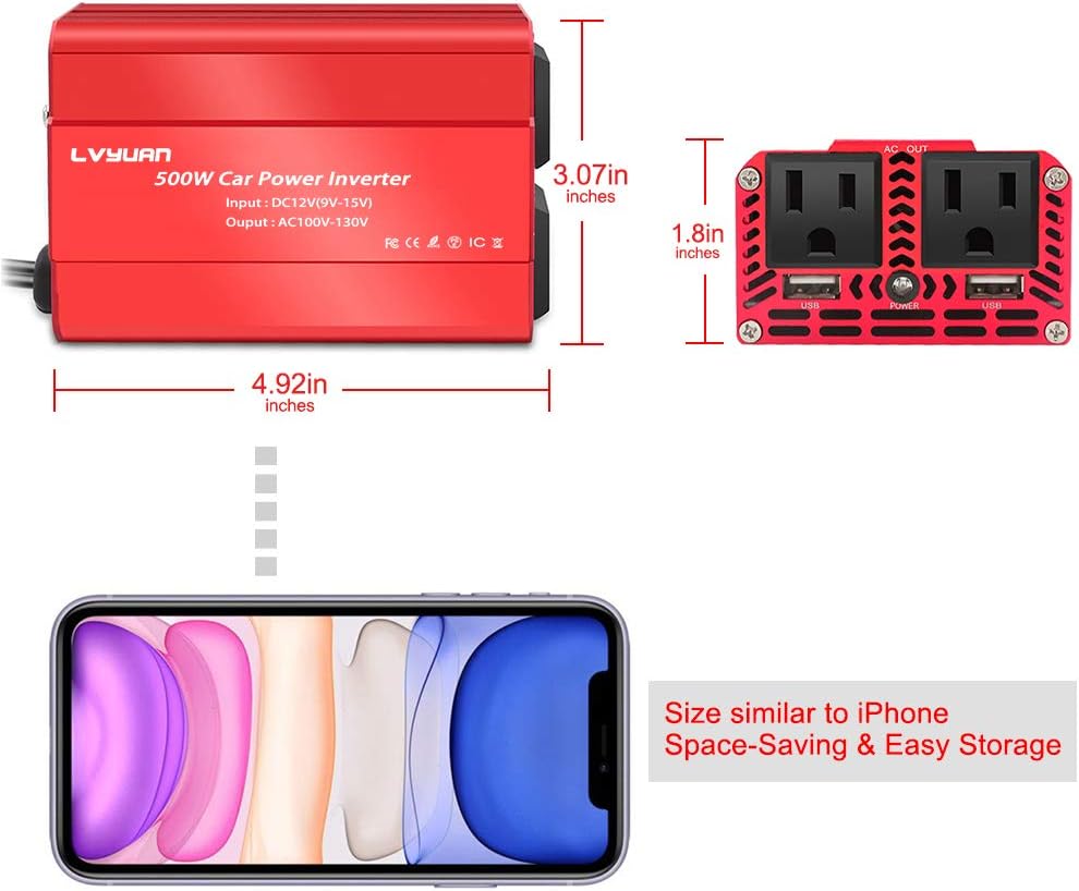 500W Power Inverter DC 12V to 110V AC with Dual USB Pack of 2 E414