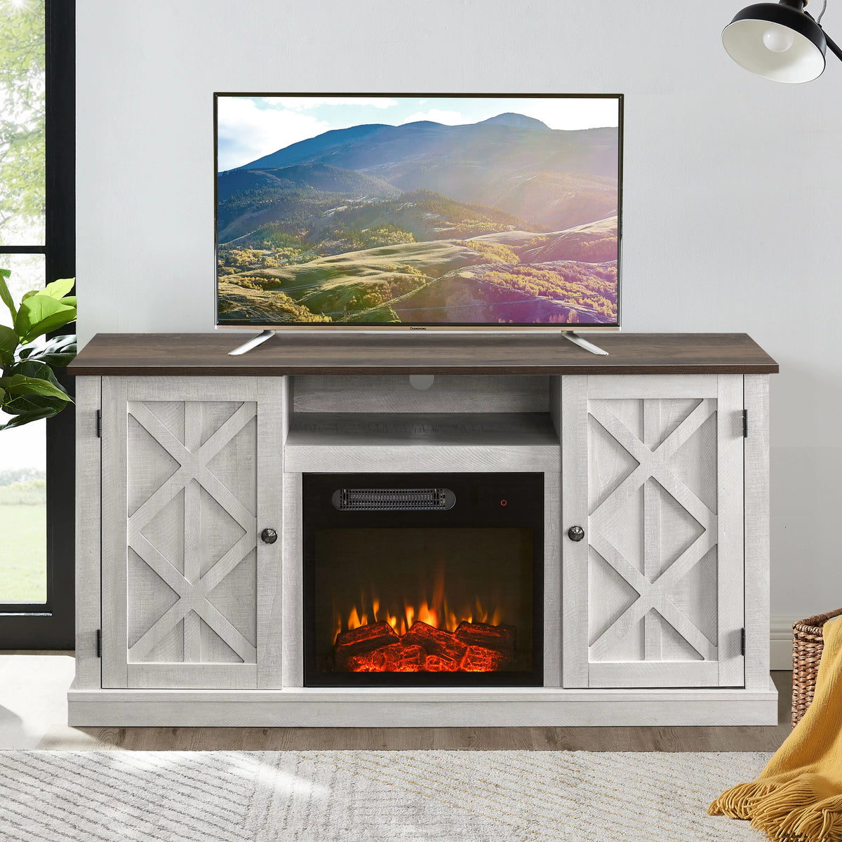 White TV Stand with Electric Fireplace D69463