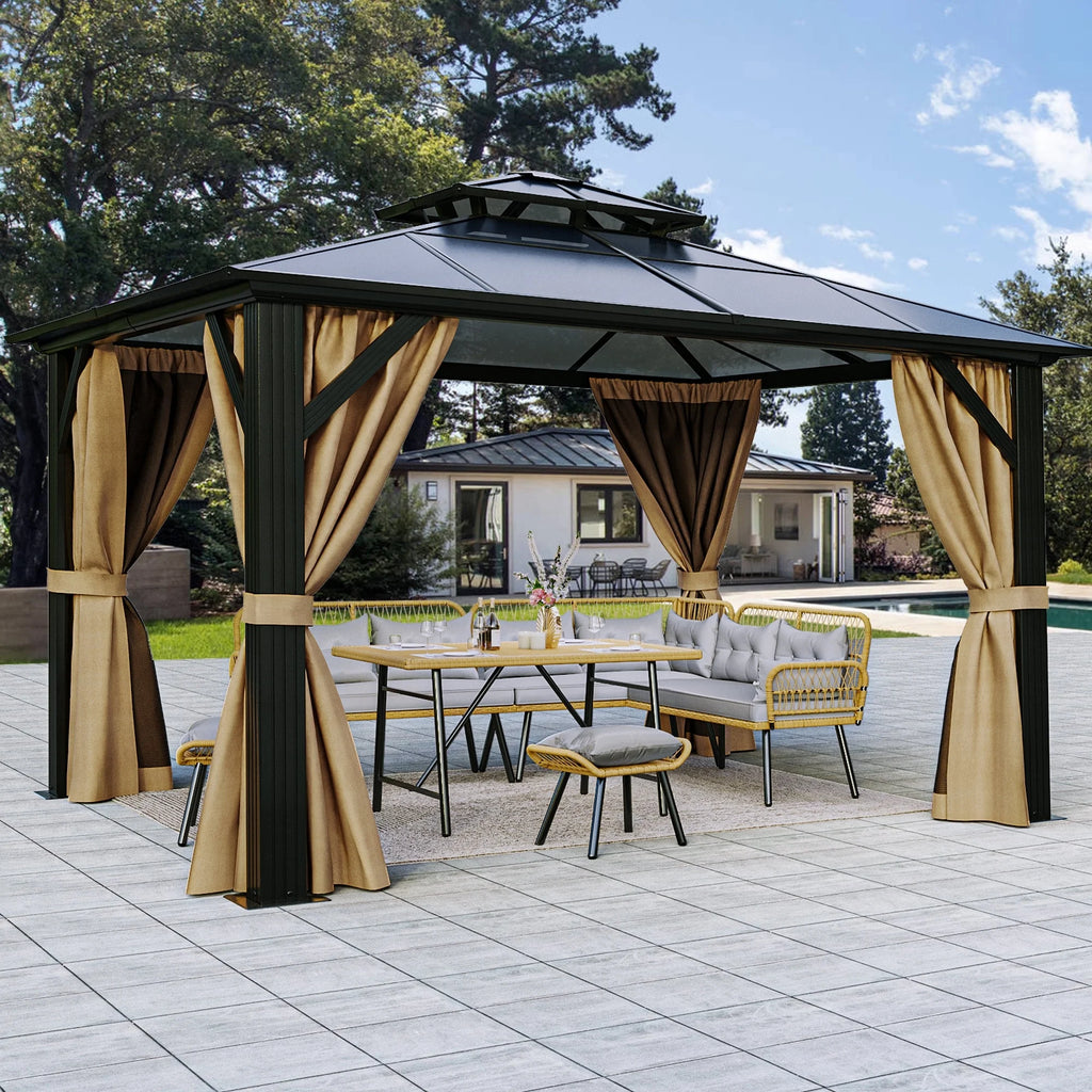 12x14FT Hard-Top Double Roof Gazebo with Netting and Curtains Aluminum Frame F262