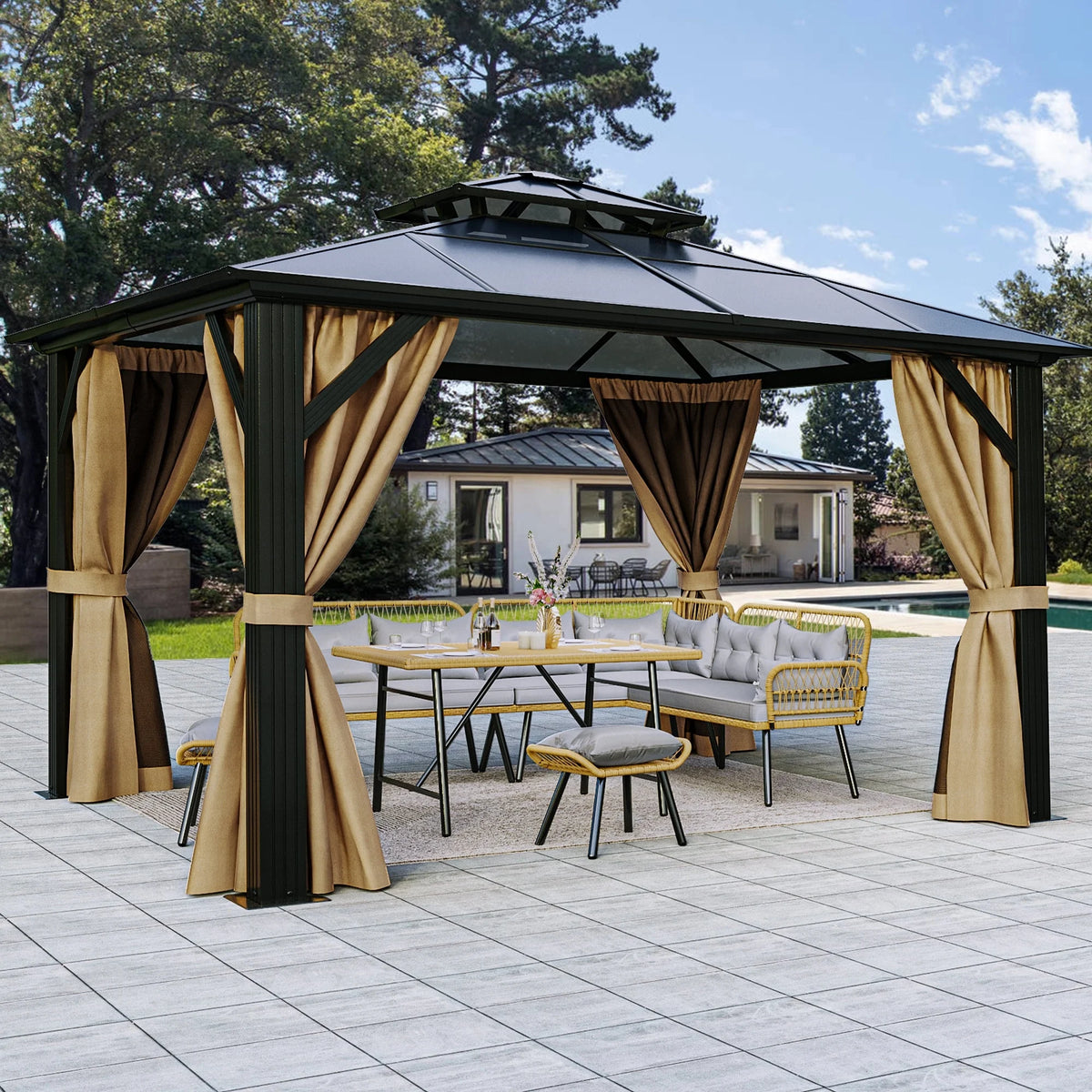 12x14FT Hard-Top Double Roof Gazebo with Netting and Curtains Aluminum Frame F262