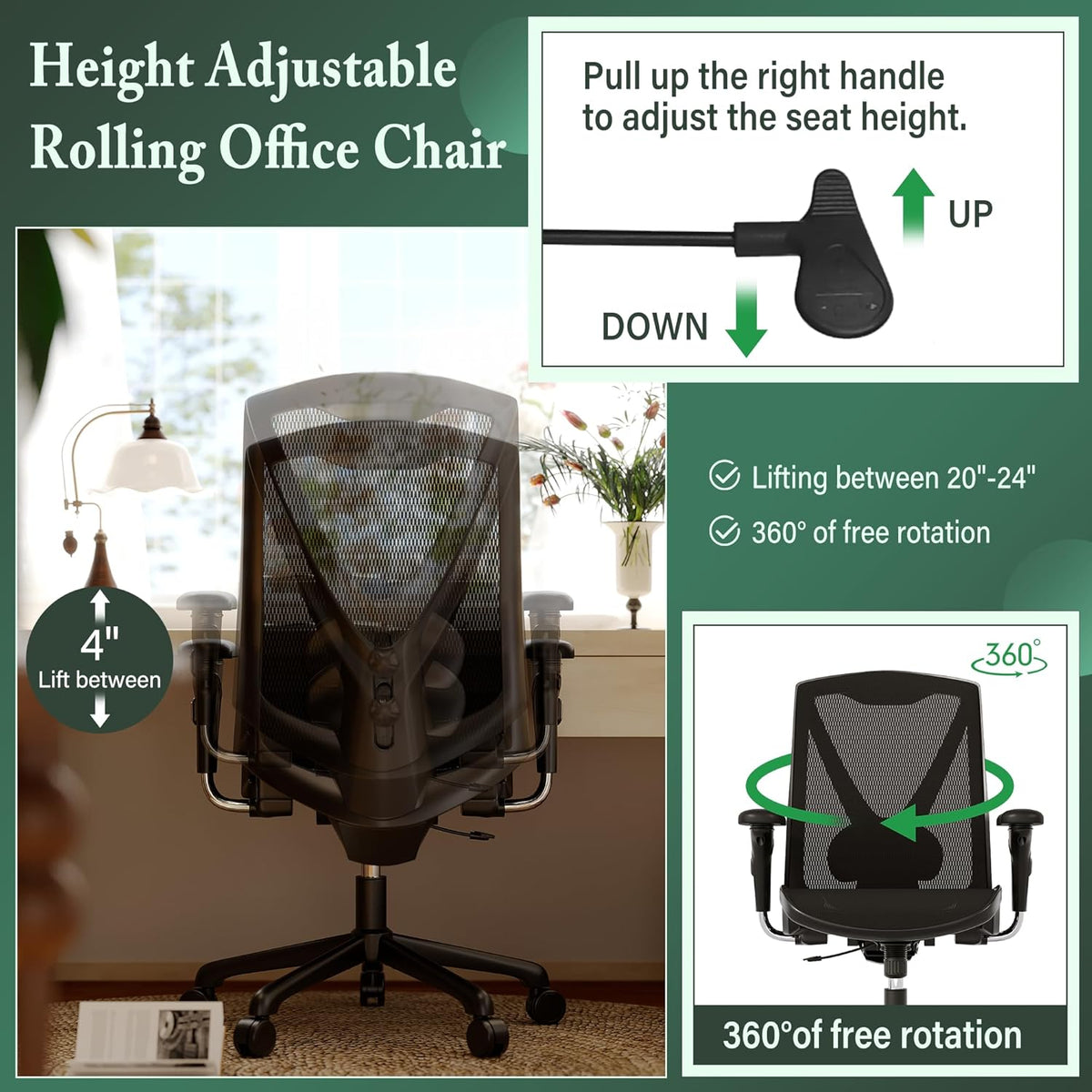 Executive Office Chair with Adjustable Lumbar Support and Swivel Mesh H393282