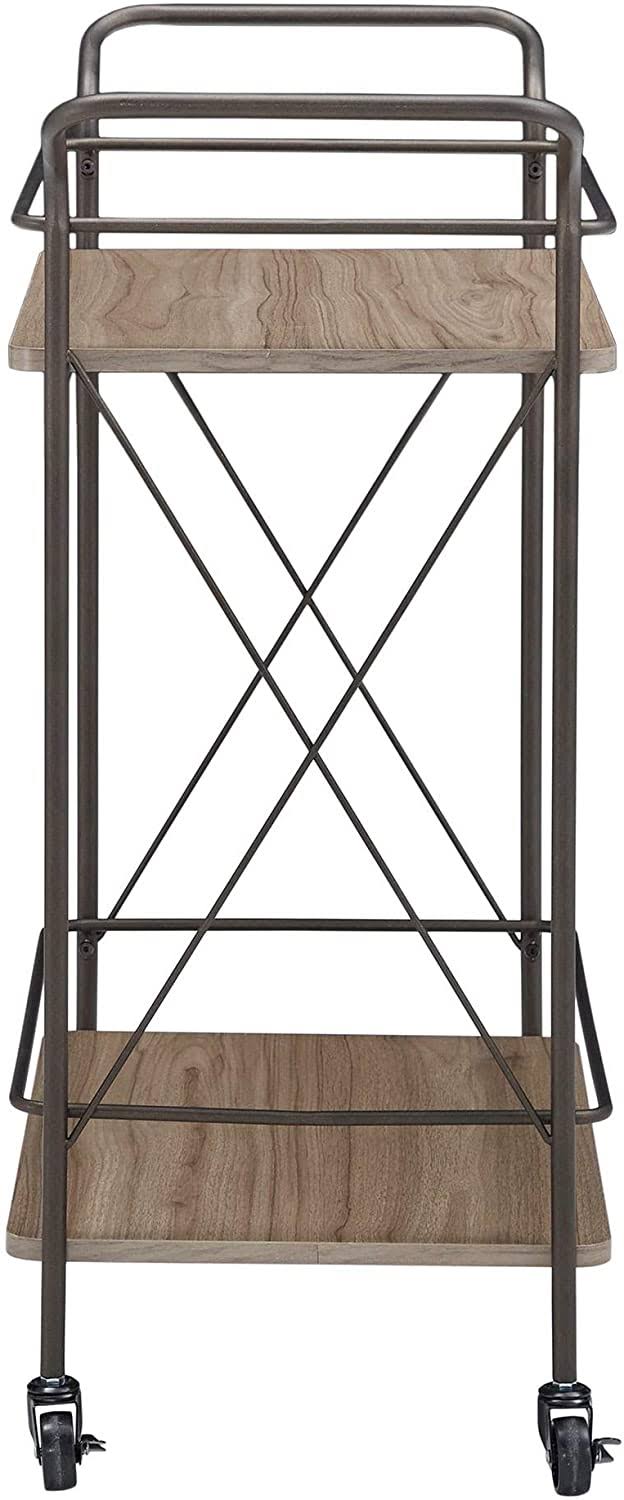 Bronze Finish Metal Bar Cart Walnut Wood Shelf J54984
