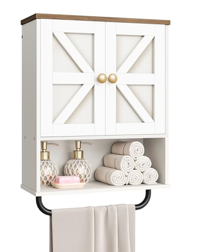 White and Walnut Bathroom Wall Cabinet with Towel Bar Y563