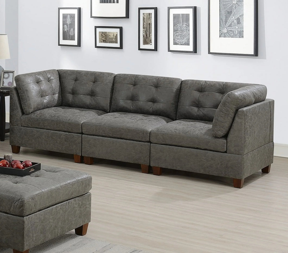 Antique Grey 8Pc Modular Sofa Set Leatherette Tufted Couch S92133