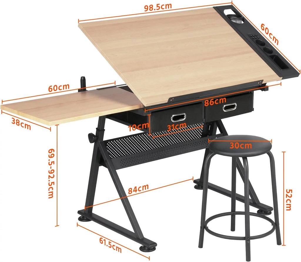 Height Adjustable Drafting Table with 2 Storage Drawers and Stool H7881