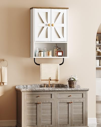 White and Walnut Bathroom Wall Cabinet with Towel Bar Y563