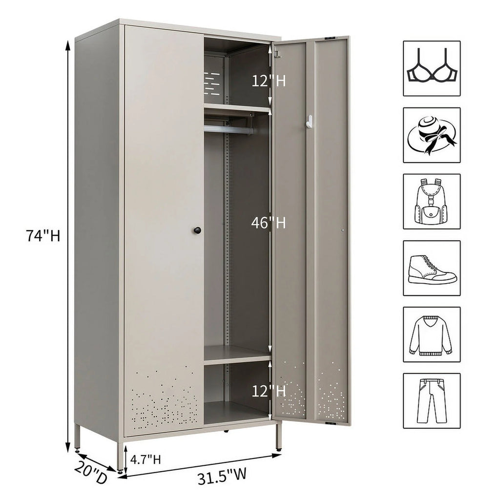 Metal Storage Wardrobe Cabinet with Adjustable Hanging Rod K205394