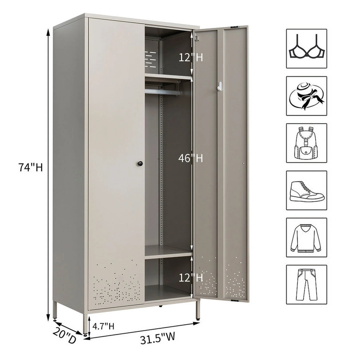 Metal Storage Wardrobe Cabinet with Adjustable Hanging Rod K205394