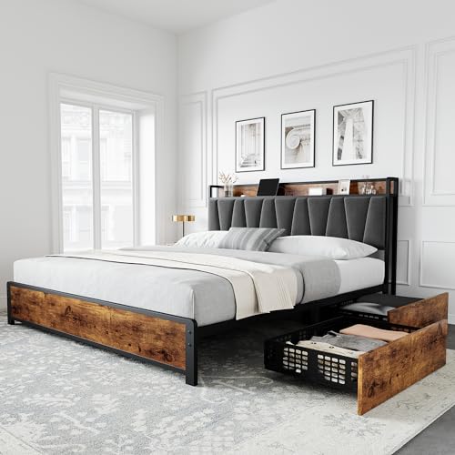 Full Size Linen Upholstered Bed Frame with 4 Drawers X2359
