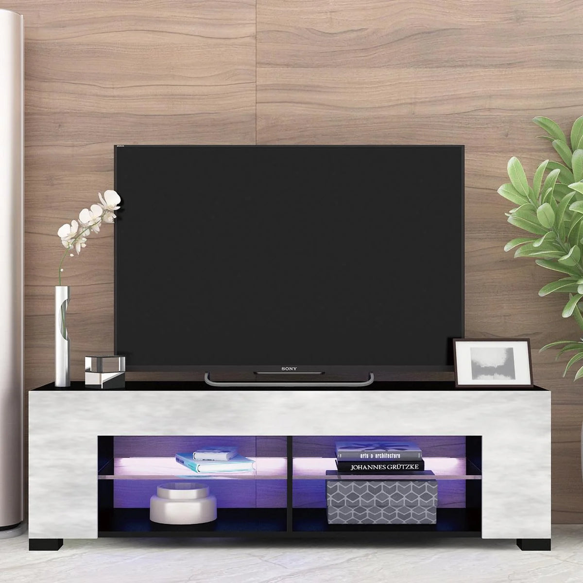 Black 57 Inch TV Stand with LED Lights and Glass Shelves I2923