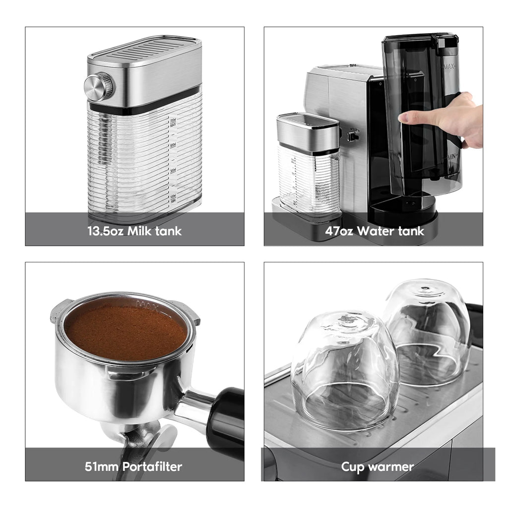 Silver 20 Bar Espresso Machine with Milk Tank T5017