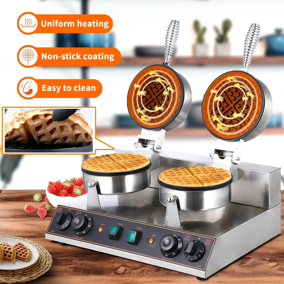 Stainless Steel Double-Ended Waffle Maker with Non-Stick Pan B845926