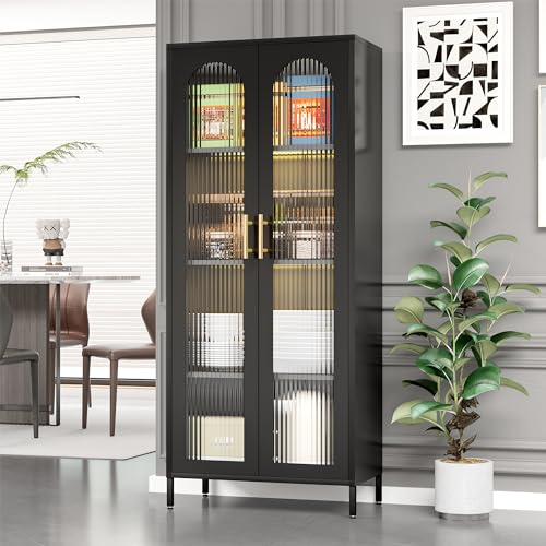 Black 65" Metal Storage Cabinet with Glass Doors and 3 Adjustable Shelves E513265