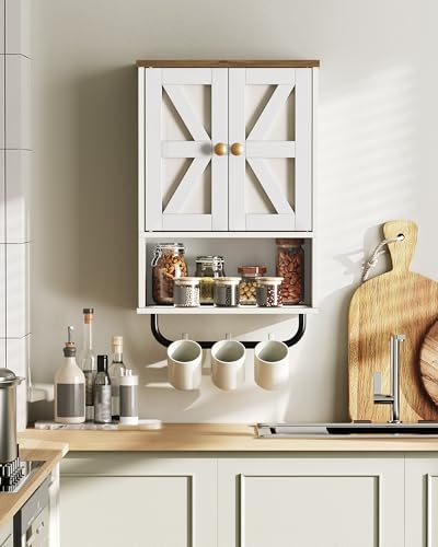 White and Walnut Bathroom Wall Cabinet with Towel Bar Y563