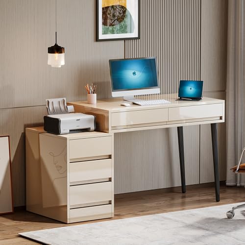 Beige Glossy Desk with 5 Drawers P271370
