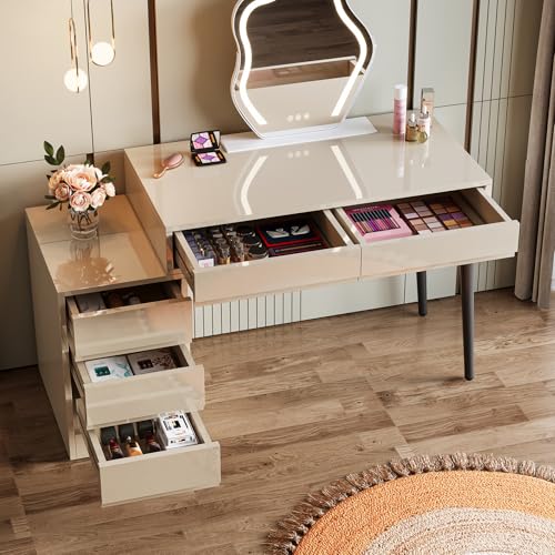 Beige Glossy Desk with 5 Drawers P271370