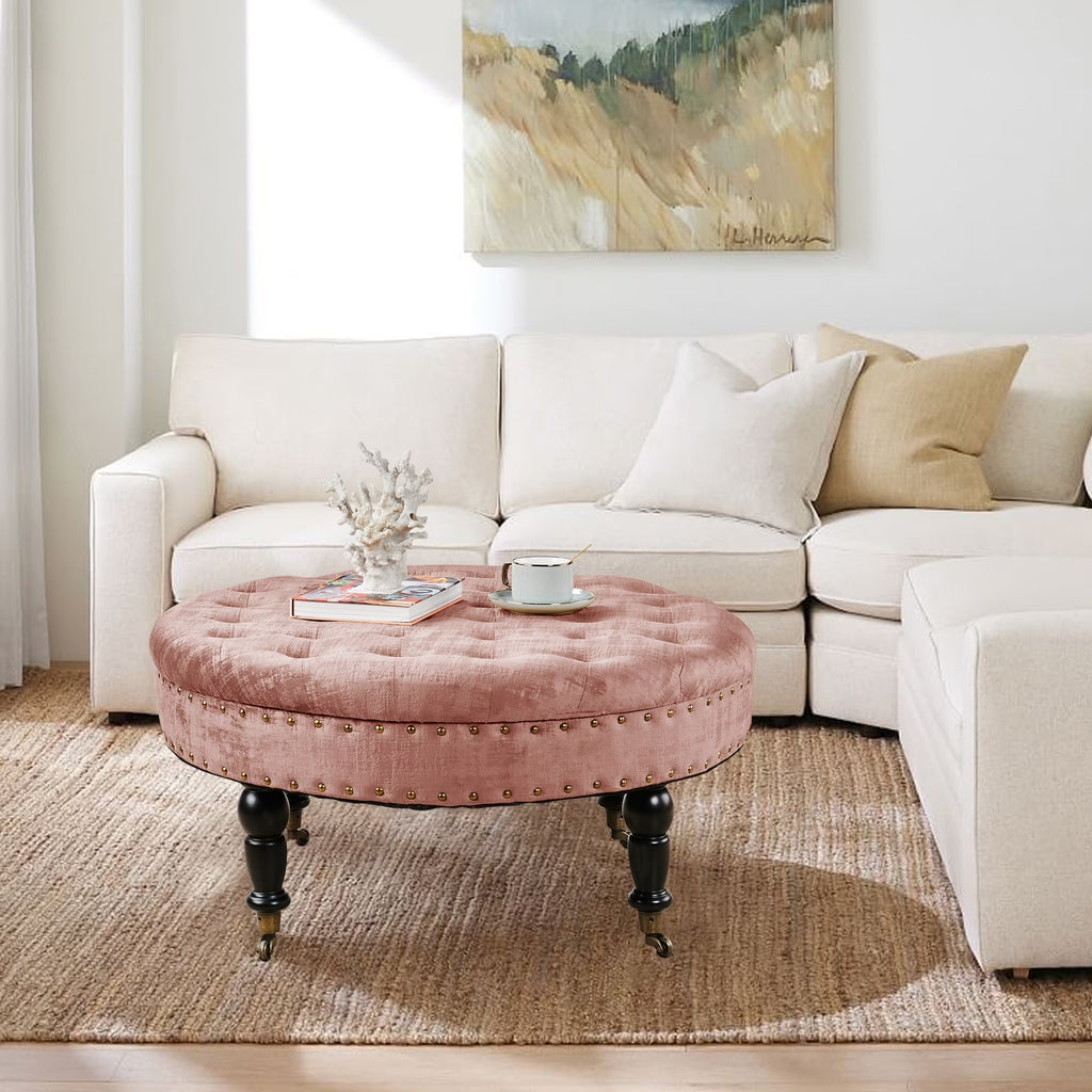 Textured Velvet Round Ottoman I704
