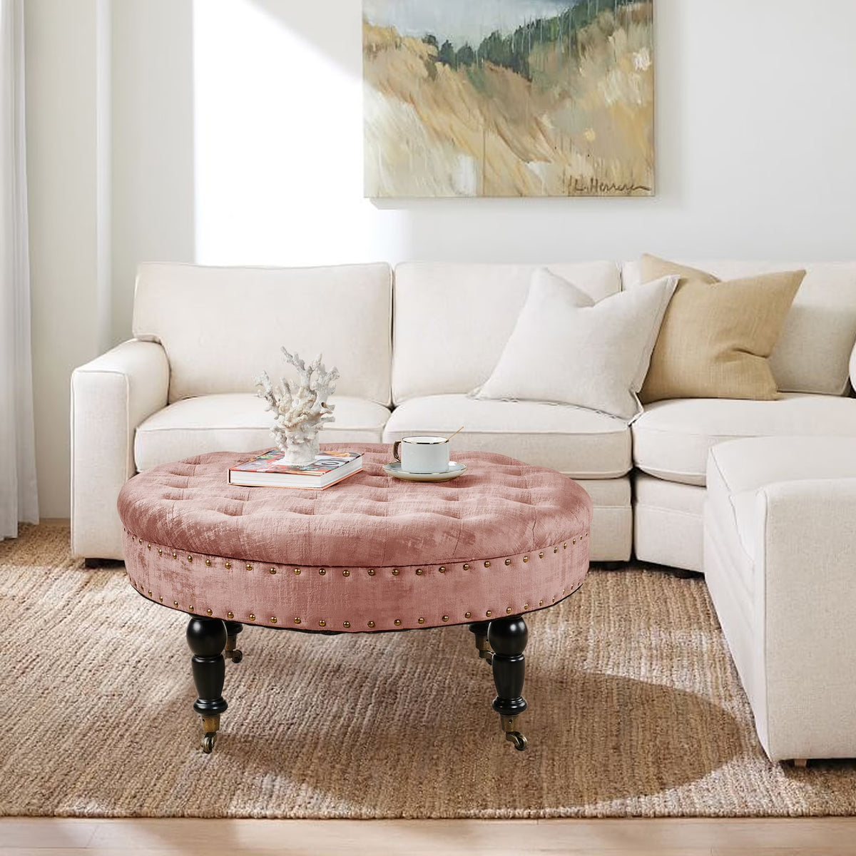Textured Velvet Round Ottoman I704