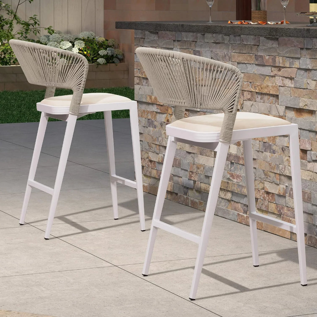 Set of 2 White Aluminum Rattan Barstools with Backrest and Cushion Y259410
