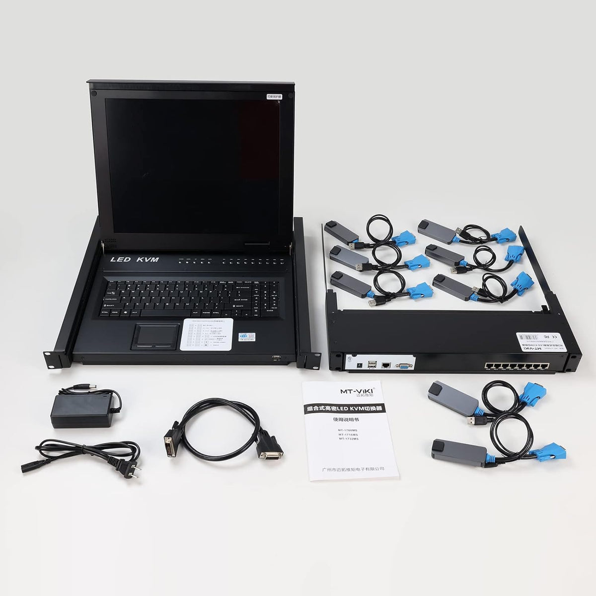 1U 17'' Rack Mount KVM Switch Over Cat 5e with 8 Packs VGA CAT5e Dongle C4714