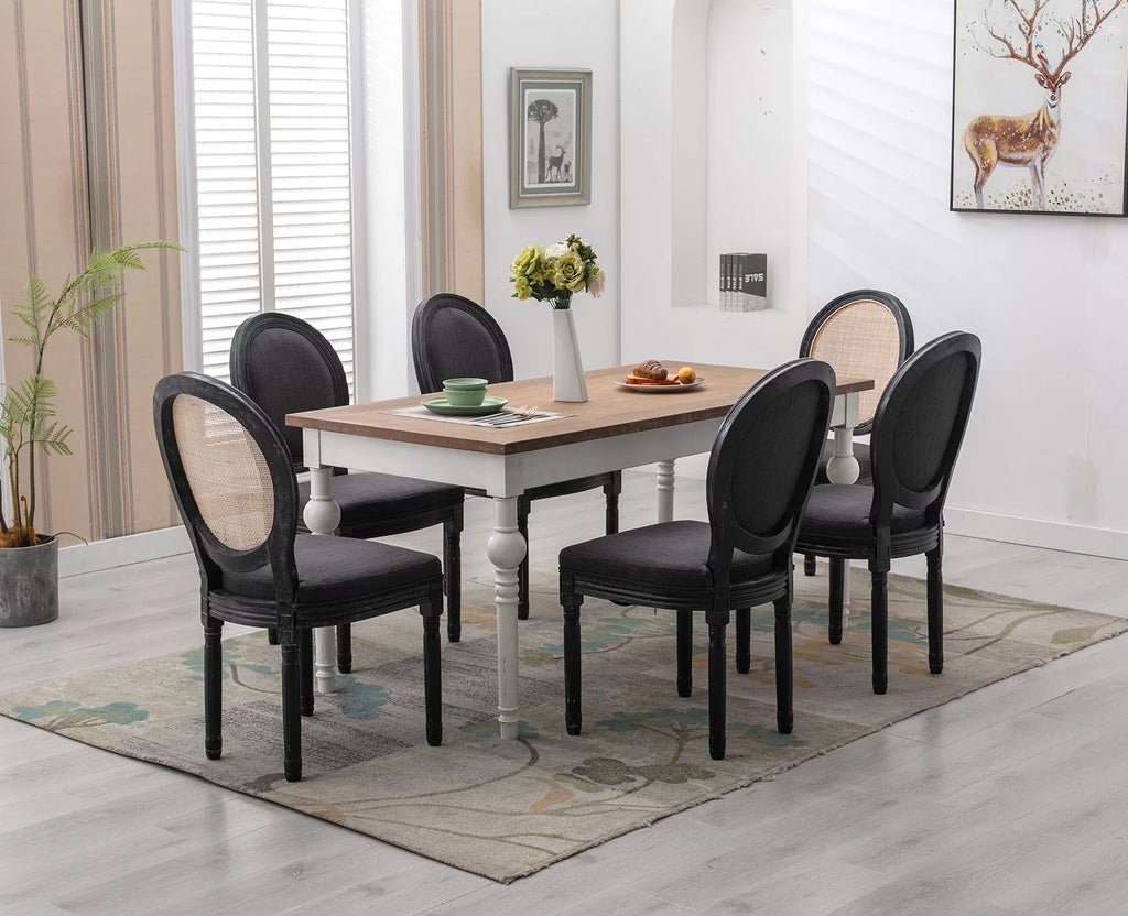 Beige Upholstered Linen Dining Chairs Set of 2 with Rattan Backrest and Wooden Legs Z374