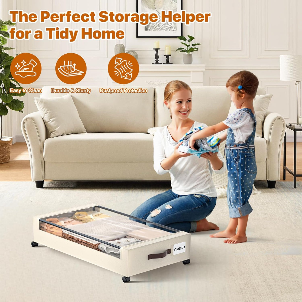 White 4 Pack 60L Under Bed Storage Bins with Wheels and Clear Lids C558