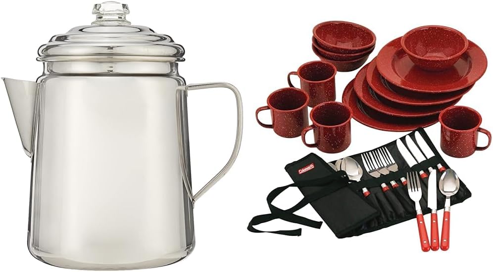 12-Cup Stainless Steel Coffee Percolator & 24-Piece Enamel Dinnerware Set S885107