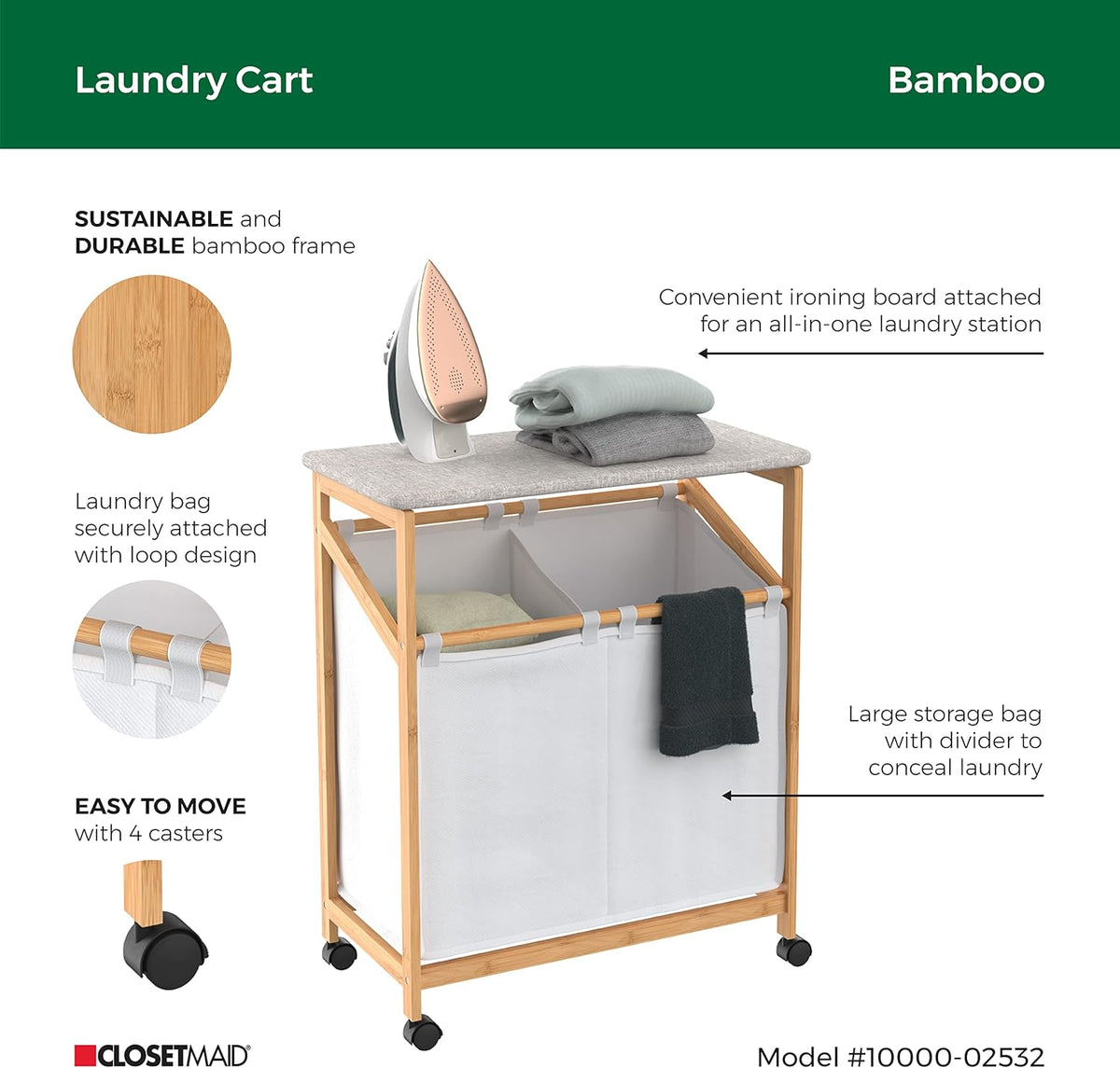 Bamboo Laundry Hamper Cart with Ironing Board Folding Station, Dual Compartments with Divider, Natural Finish Z53499