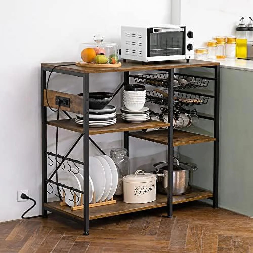Bakers Rack with Wire Basket 7 Hooks Metal Frame Wood Organizer R95170