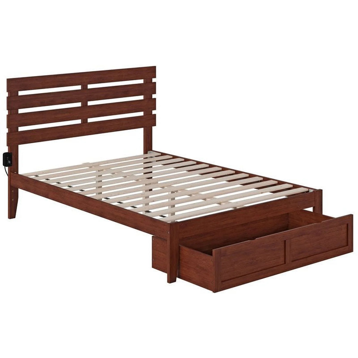 Solid Wood Full Bed with Foot Drawer and USB Charger in Walnut V9744
