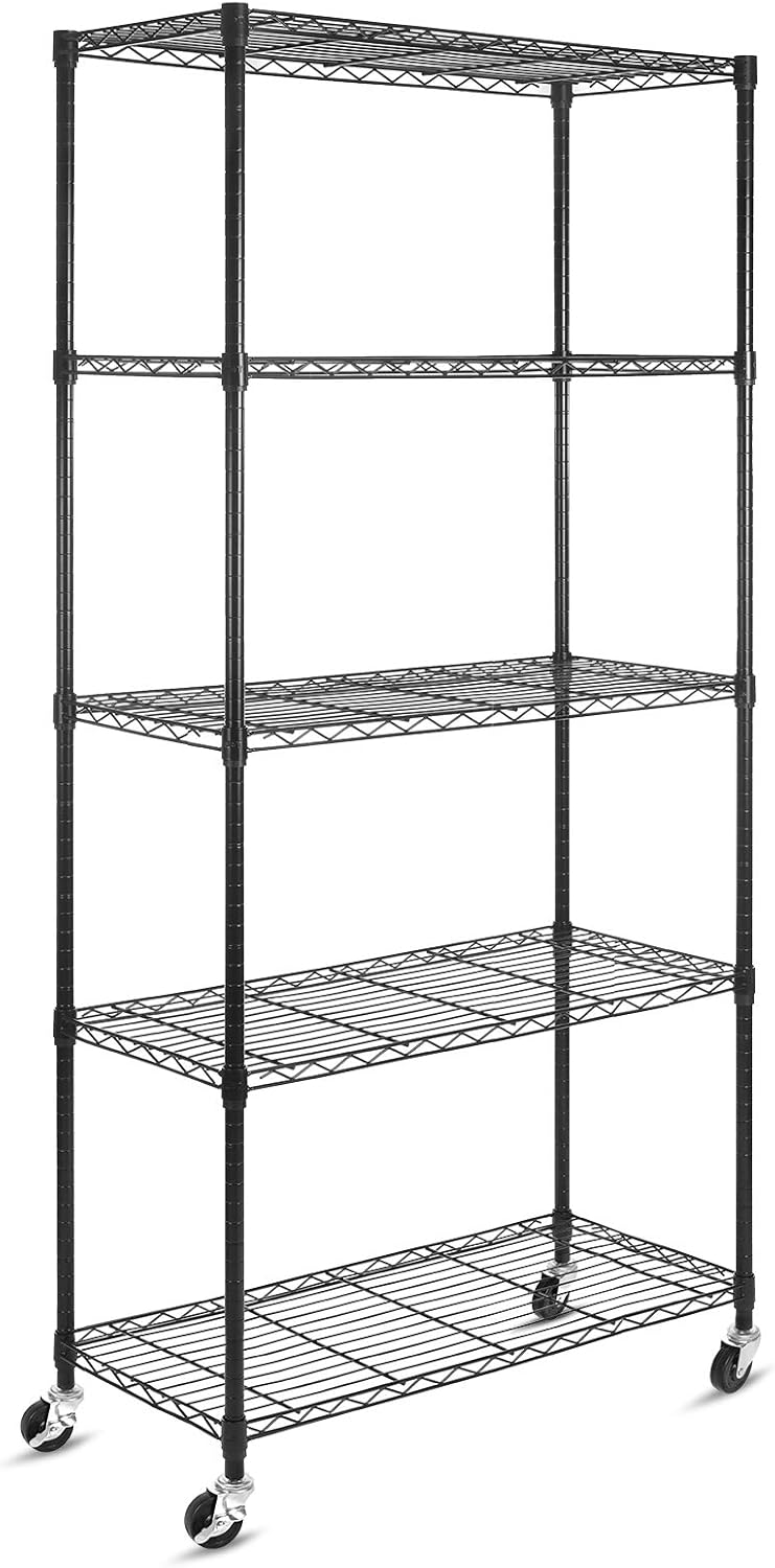 Black 5-Shelf Heavy Duty Metal Wire Shelving Unit on Wheels W637352