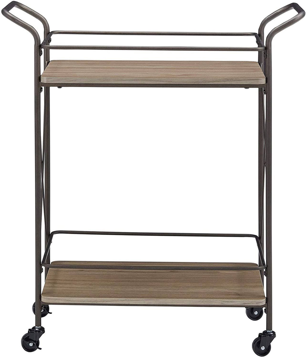 Bronze Finish Metal Bar Cart Walnut Wood Shelf J54984