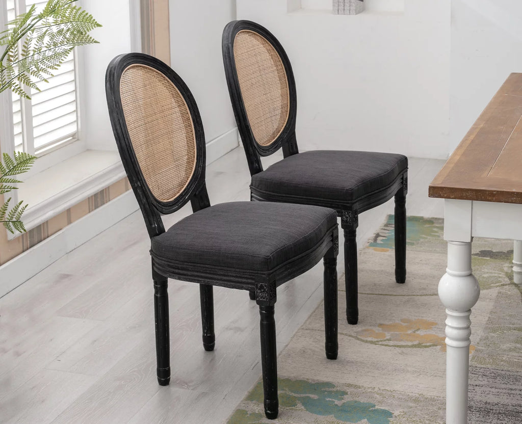 Beige Upholstered Linen Dining Chairs Set of 2 with Rattan Backrest and Wooden Legs Z374