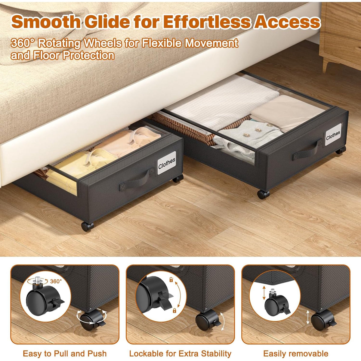 White 4 Pack 60L Under Bed Storage Bins with Wheels and Clear Lids C558