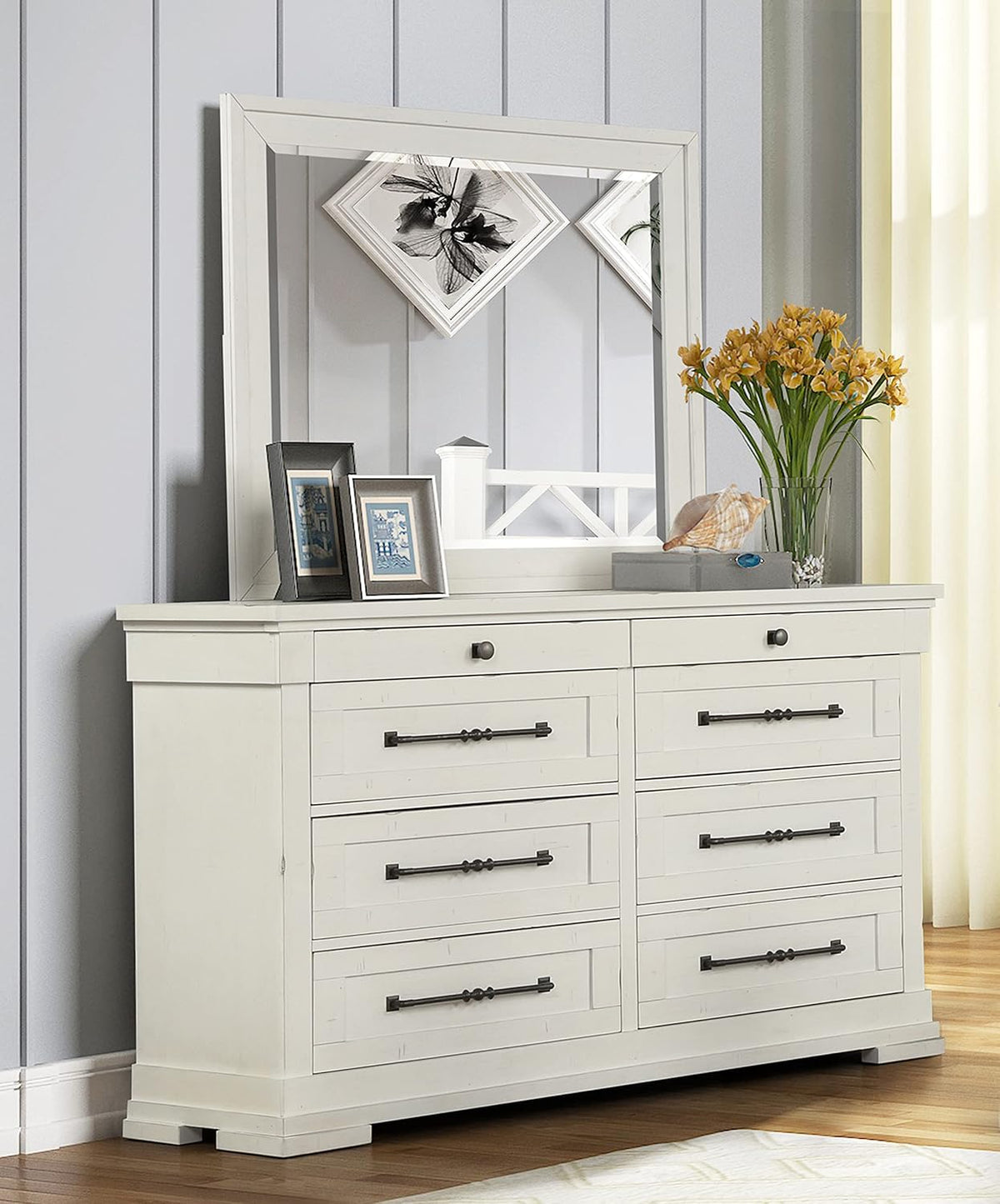 Antique White Queen Wood Panel Bed with Dresser, Mirror and Nightstand M2404