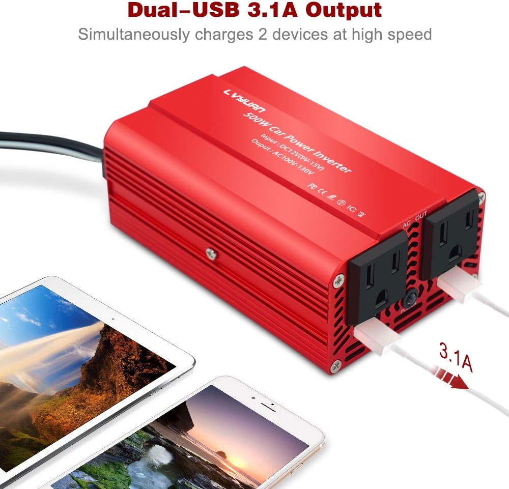 500W Power Inverter DC 12V to 110V AC with Dual USB Pack of 2 E414