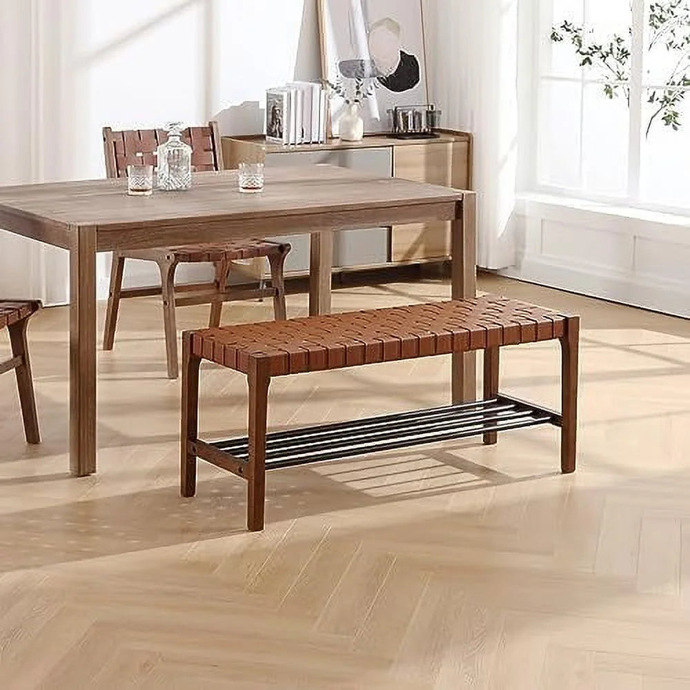 Brown 45 Inch Woven Wood Accent Bench with Metal Shoe Rack Q941245