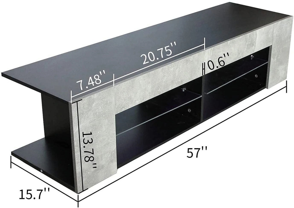 Black 57 Inch TV Stand with LED Lights and Glass Shelves I2923