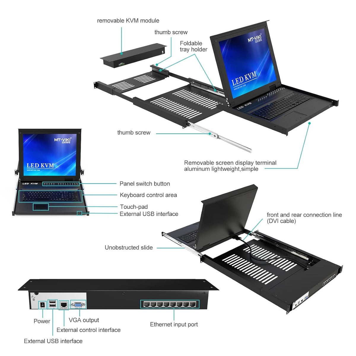 1U 17'' Rack Mount KVM Switch Over Cat 5e with 8 Packs VGA CAT5e Dongle C4714