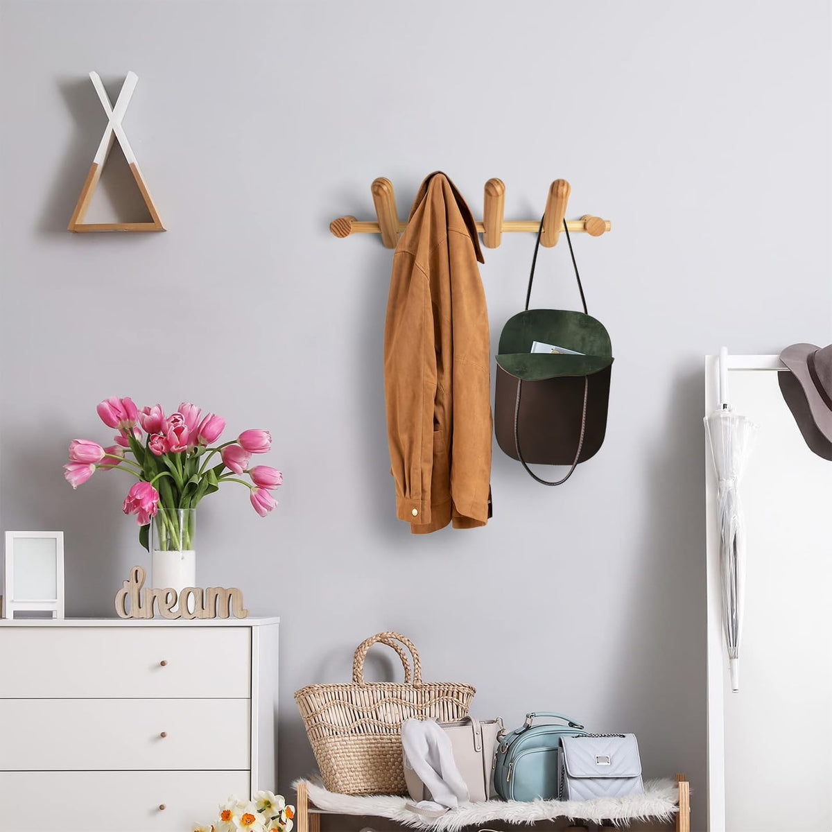 Wooden Wall Mounted Coat Rack with 4 Pegs M9625