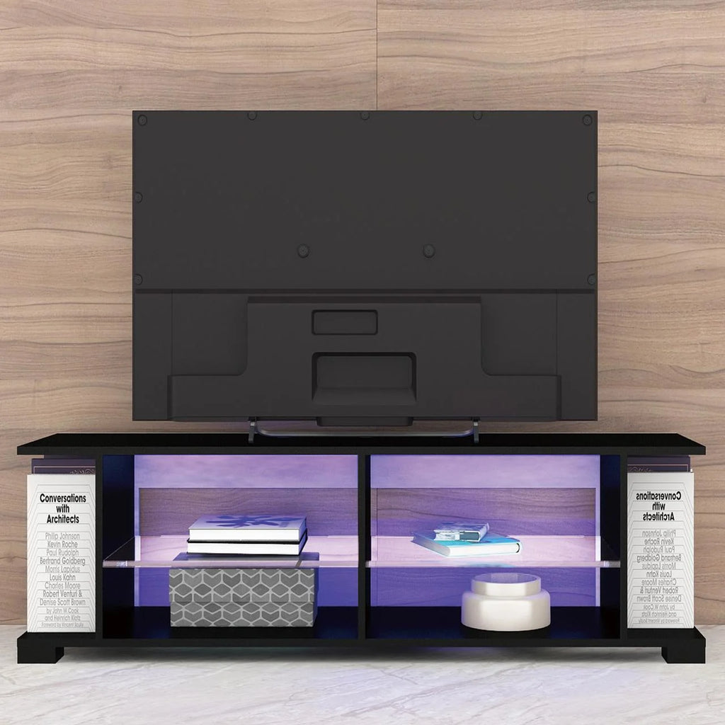 Black 57 Inch TV Stand with LED Lights and Glass Shelves I2923