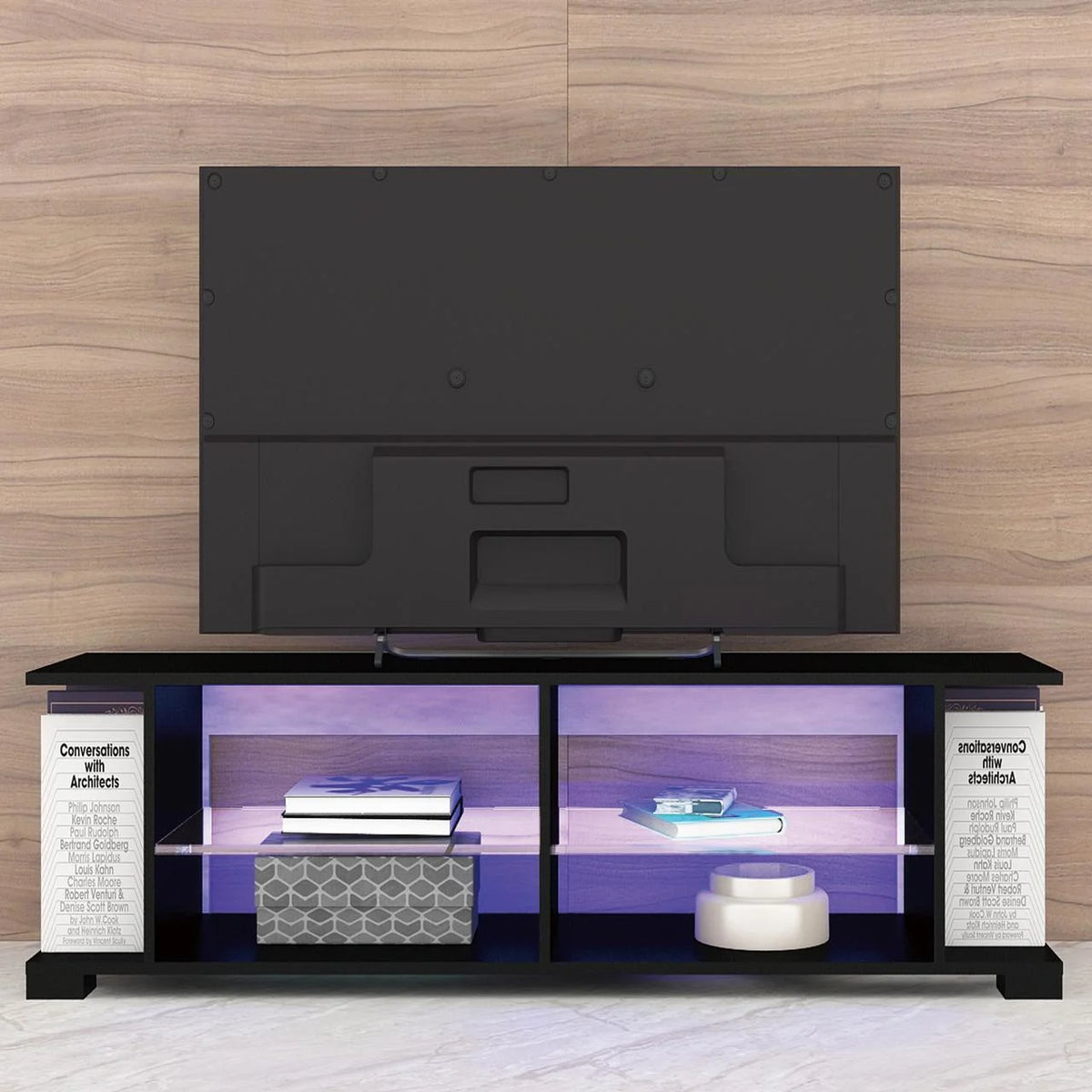Black 57 Inch TV Stand with LED Lights and Glass Shelves I2923