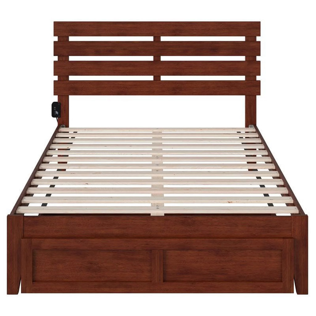 Solid Wood Full Bed with Foot Drawer and USB Charger in Walnut V9744