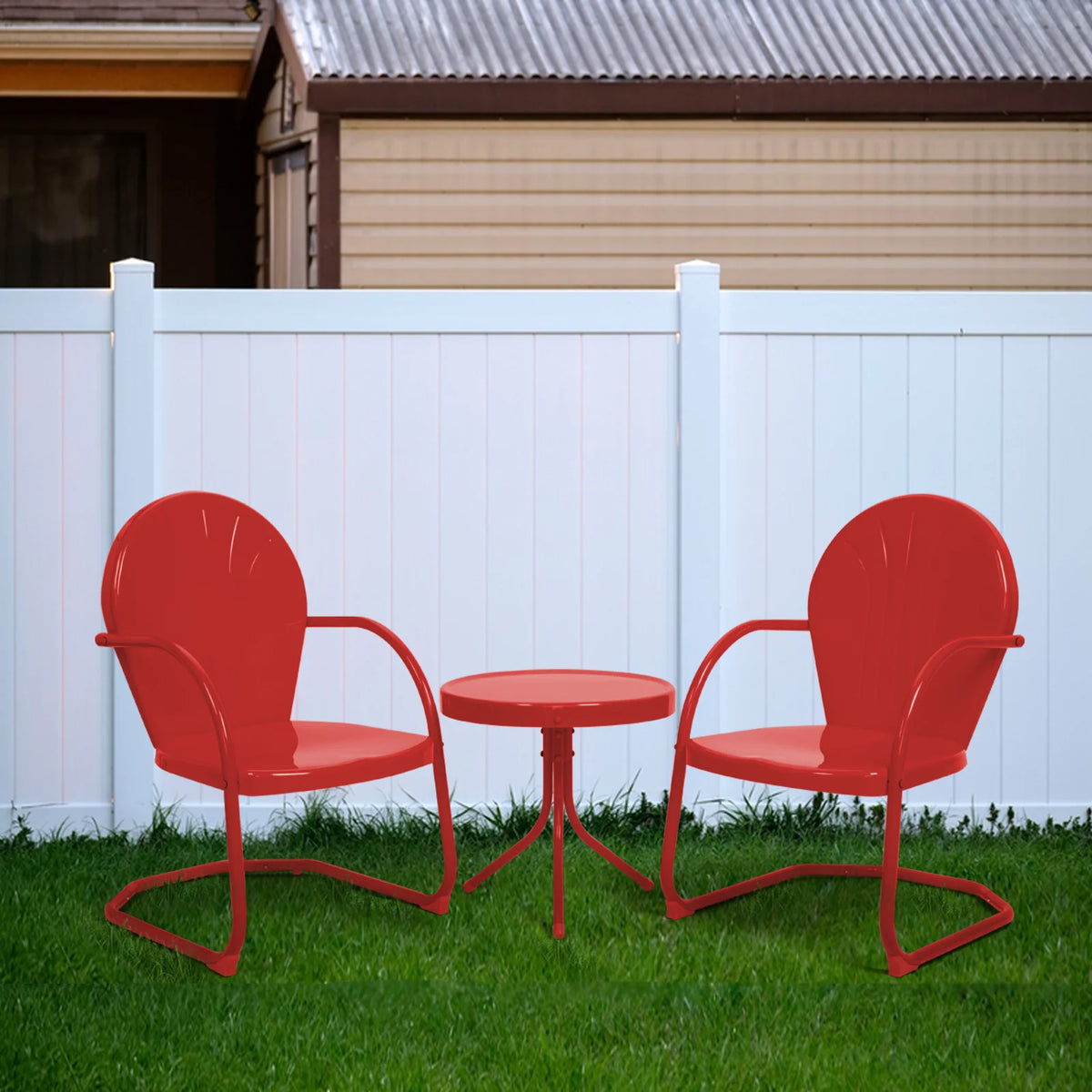 3 Pieces Patio Bistro Set Metal C-Spring Motion Armchairs with Round Side Table Red H64172