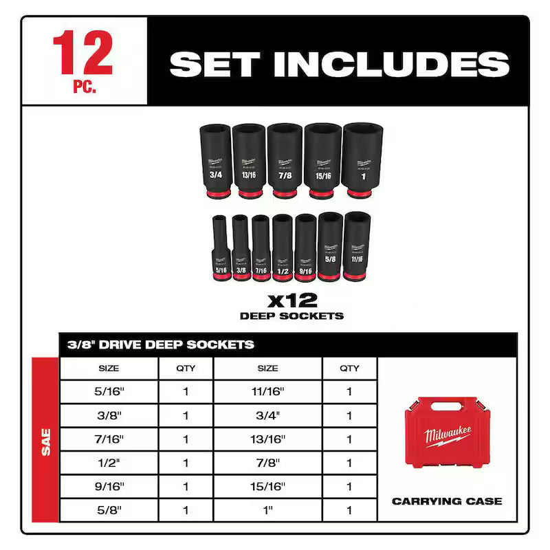 3/8 in. Drive 6 Point Impact Socket Set 12-Piece W892
