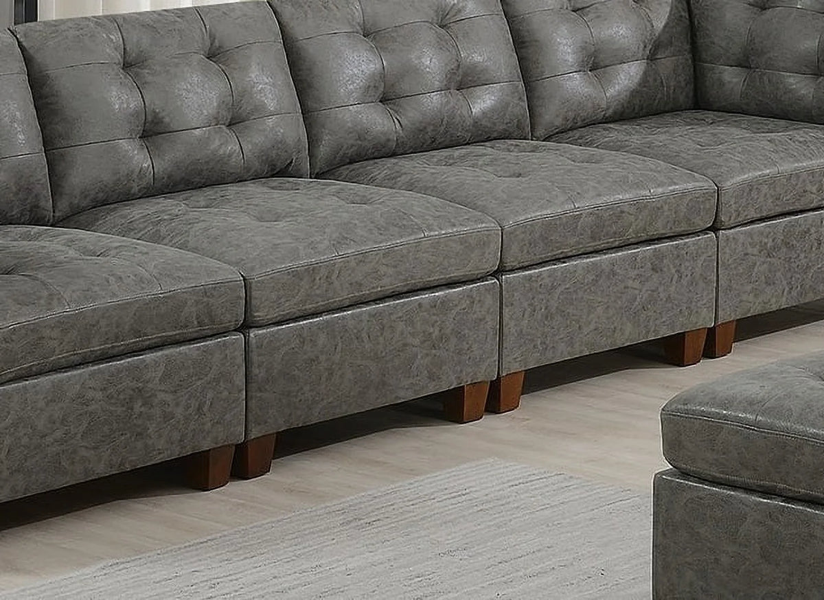 Antique Grey 8Pc Modular Sofa Set Leatherette Tufted Couch S92133